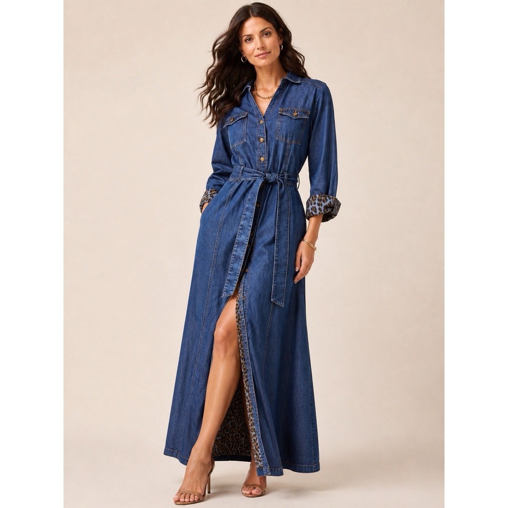 Chicos Denim Maxi Dress w Inner Leopard Print Belted US Med 8P Chicos Sz 1Petite